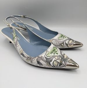 Prada James Jean Rabbit Watercolor Slingback Heels